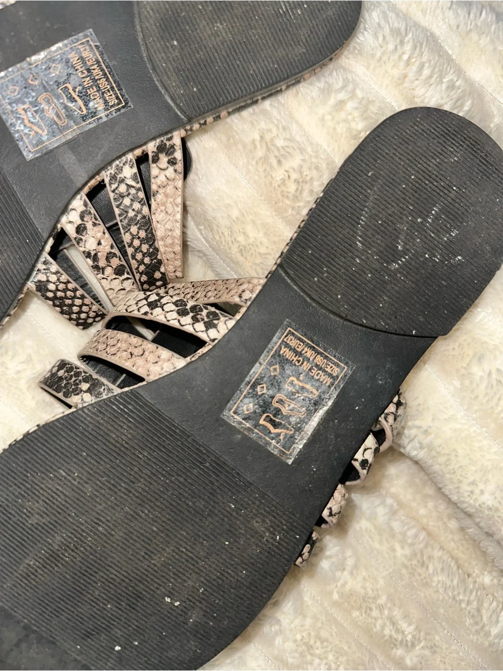 Qupid Snake Print Slide Sandals in Black and Cream